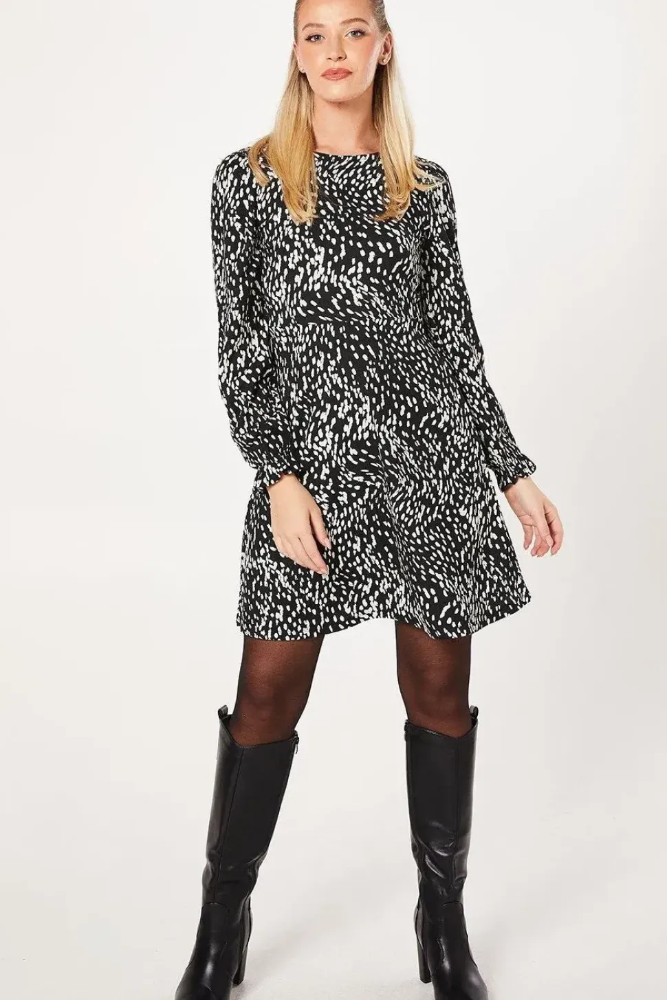 Abstract Mono Long Sleeve Mini Dress