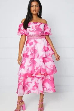 Abstract Organza Off Shoulder Midaxi Dress