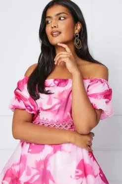 Abstract Organza Off Shoulder Midaxi Dress