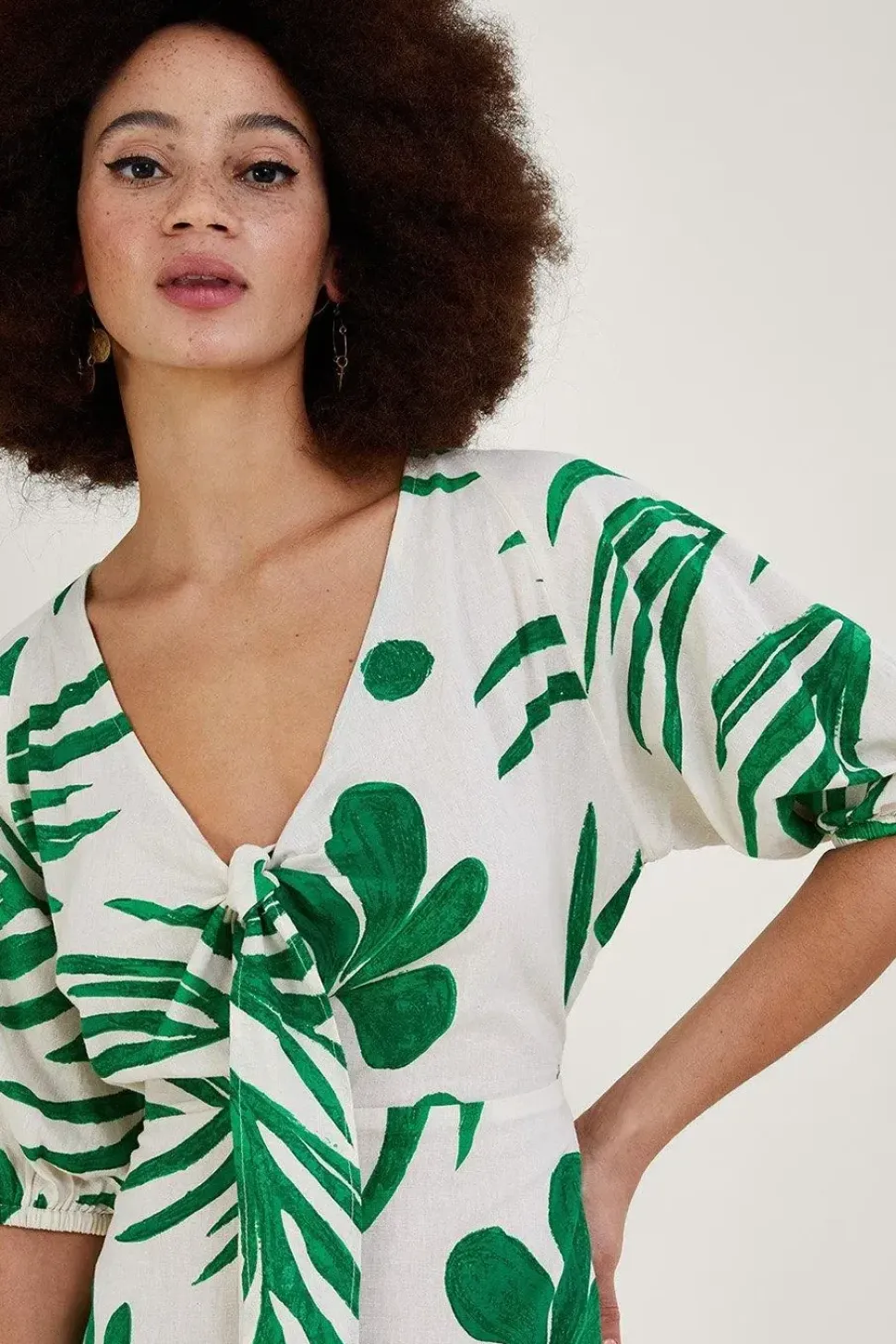 Abstract Palm Print Tie Front Midi Dress
