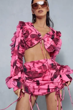 Abstract Printed Ruched Detail Micro Mini Skirt