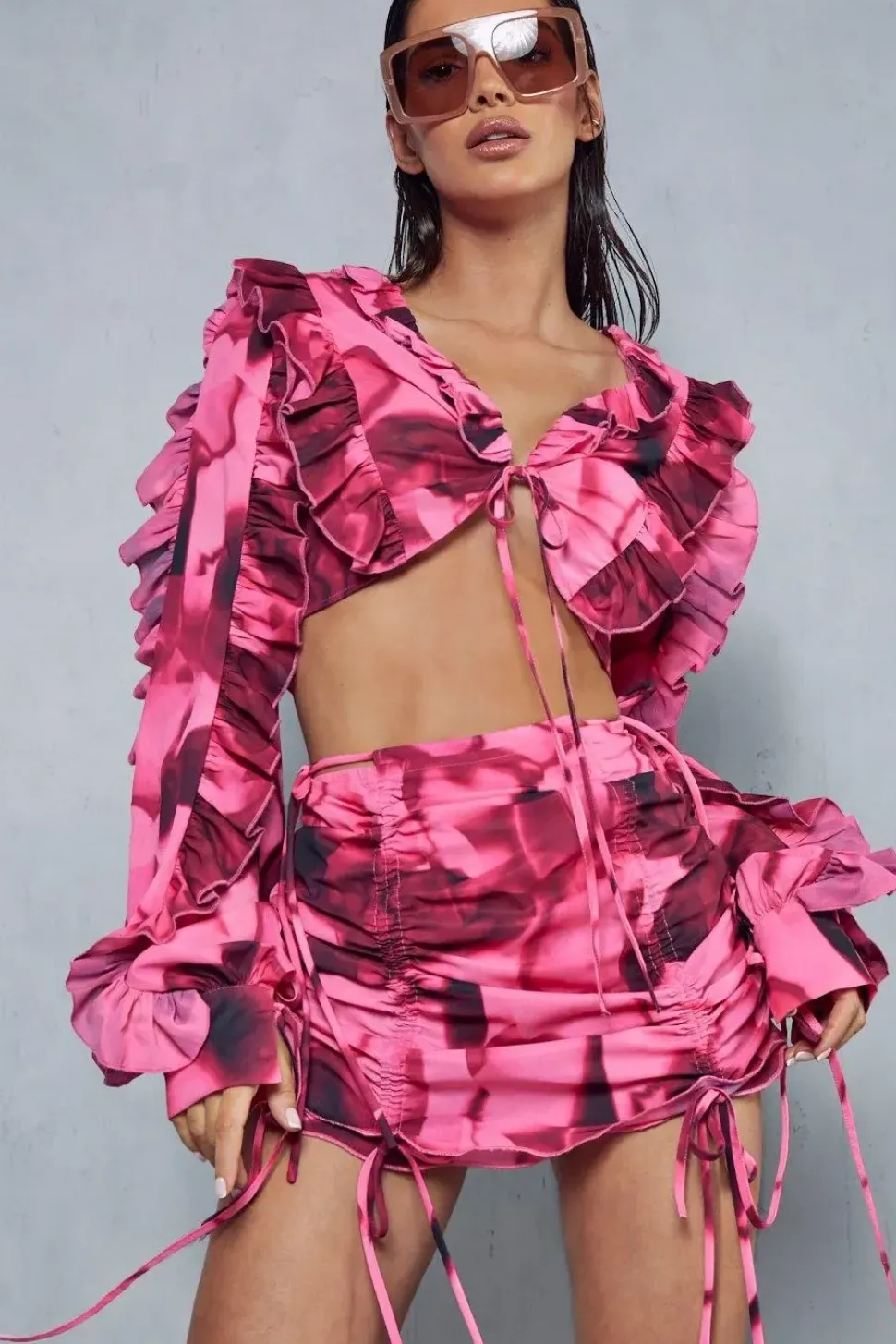 Abstract Printed Ruched Detail Micro Mini Skirt