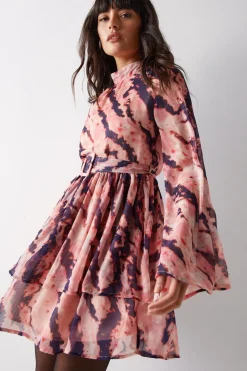 Abstract Print Flared Sleeve Chiffon Mini Dress