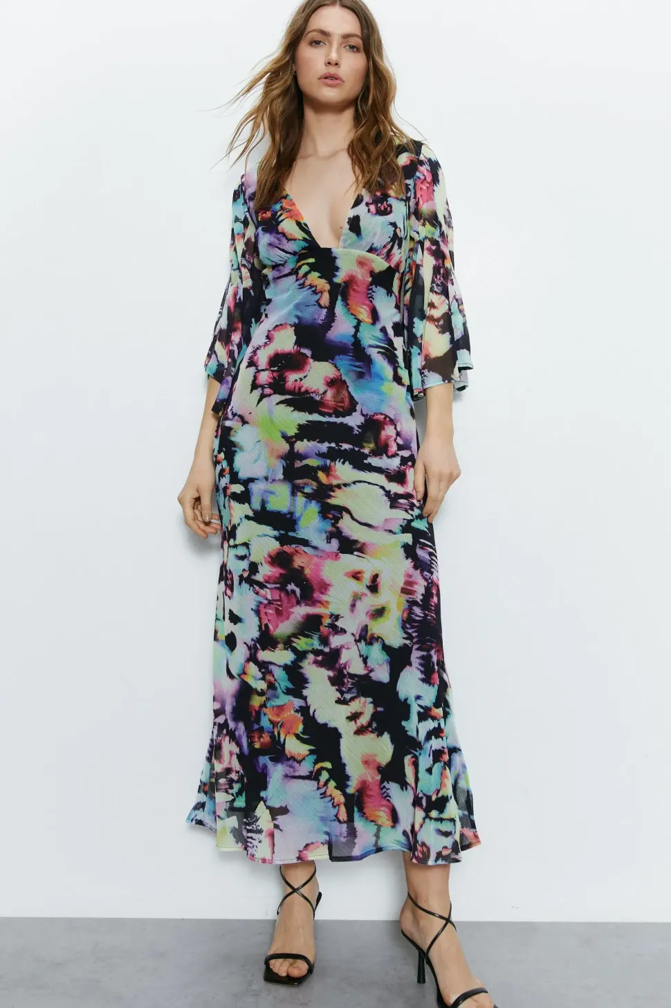 Abstract Print Fluted Sleeve Plunge Maxi Dress