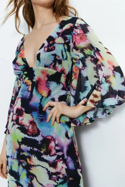 Abstract Print Fluted Sleeve Plunge Maxi Dress