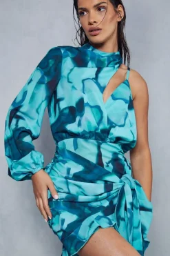 Abstract Print Frill Asymmetric Wrap Mini Dress