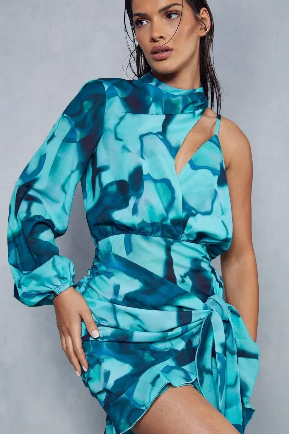 Abstract Print Frill Asymmetric Wrap Mini Dress