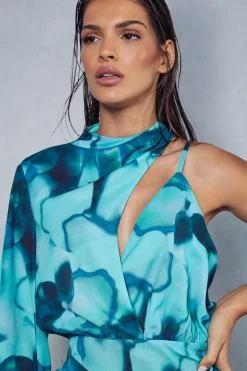 Abstract Print Frill Asymmetric Wrap Mini Dress