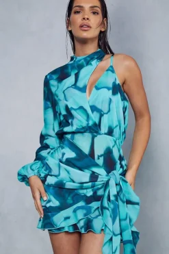 Abstract Print Frill Asymmetric Wrap Mini Dress