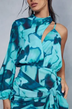 Abstract Print Frill Asymmetric Wrap Mini Dress