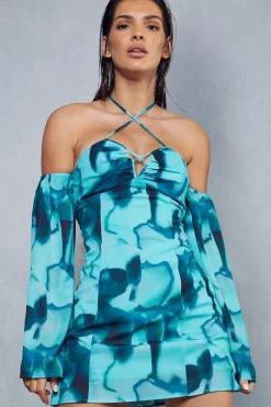 Abstract Print Halterneck Flare Sleeve Mini Dress
