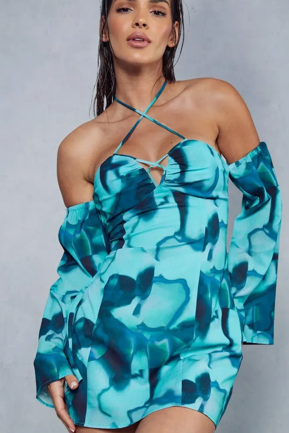 Abstract Print Halterneck Flare Sleeve Mini Dress