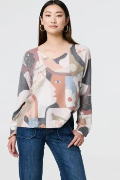 Abstract Print Long Sleeve Knit Top