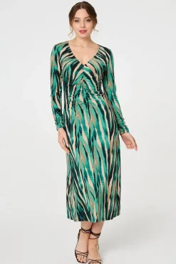 Abstract Print Ruched V-Neck Midi Dress