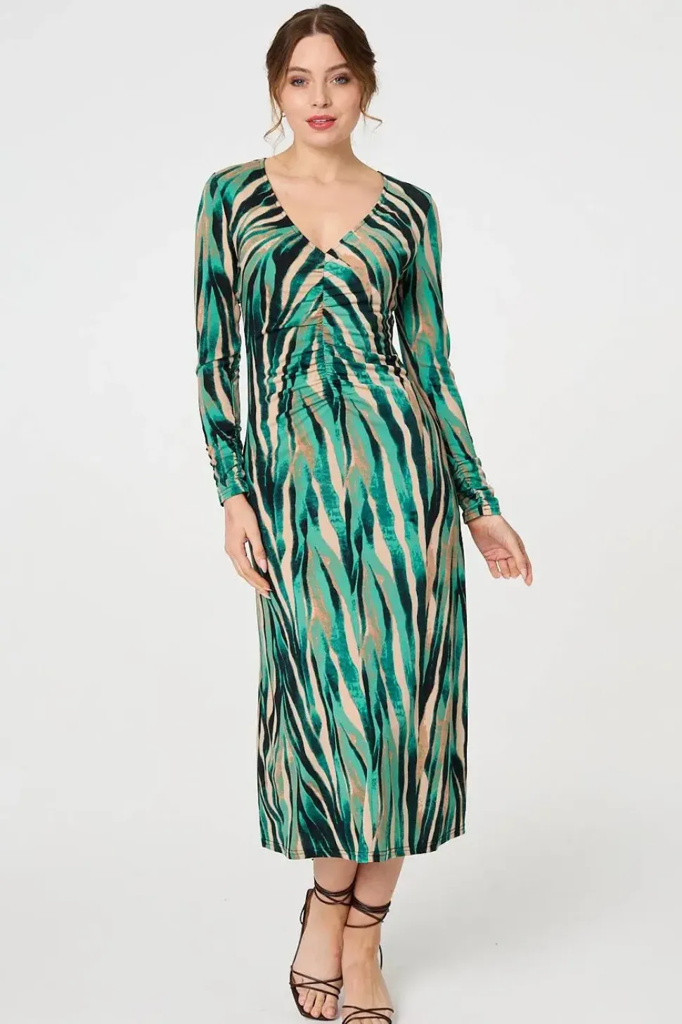 Abstract Print Ruched V-Neck Midi Dress