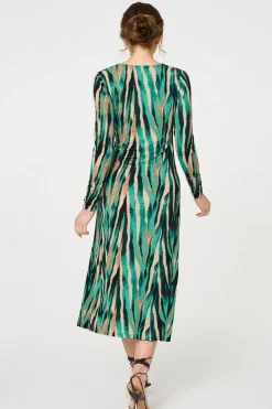 Abstract Print Ruched V-Neck Midi Dress