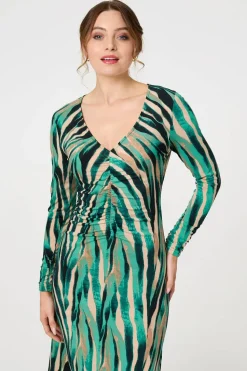 Abstract Print Ruched V-Neck Midi Dress