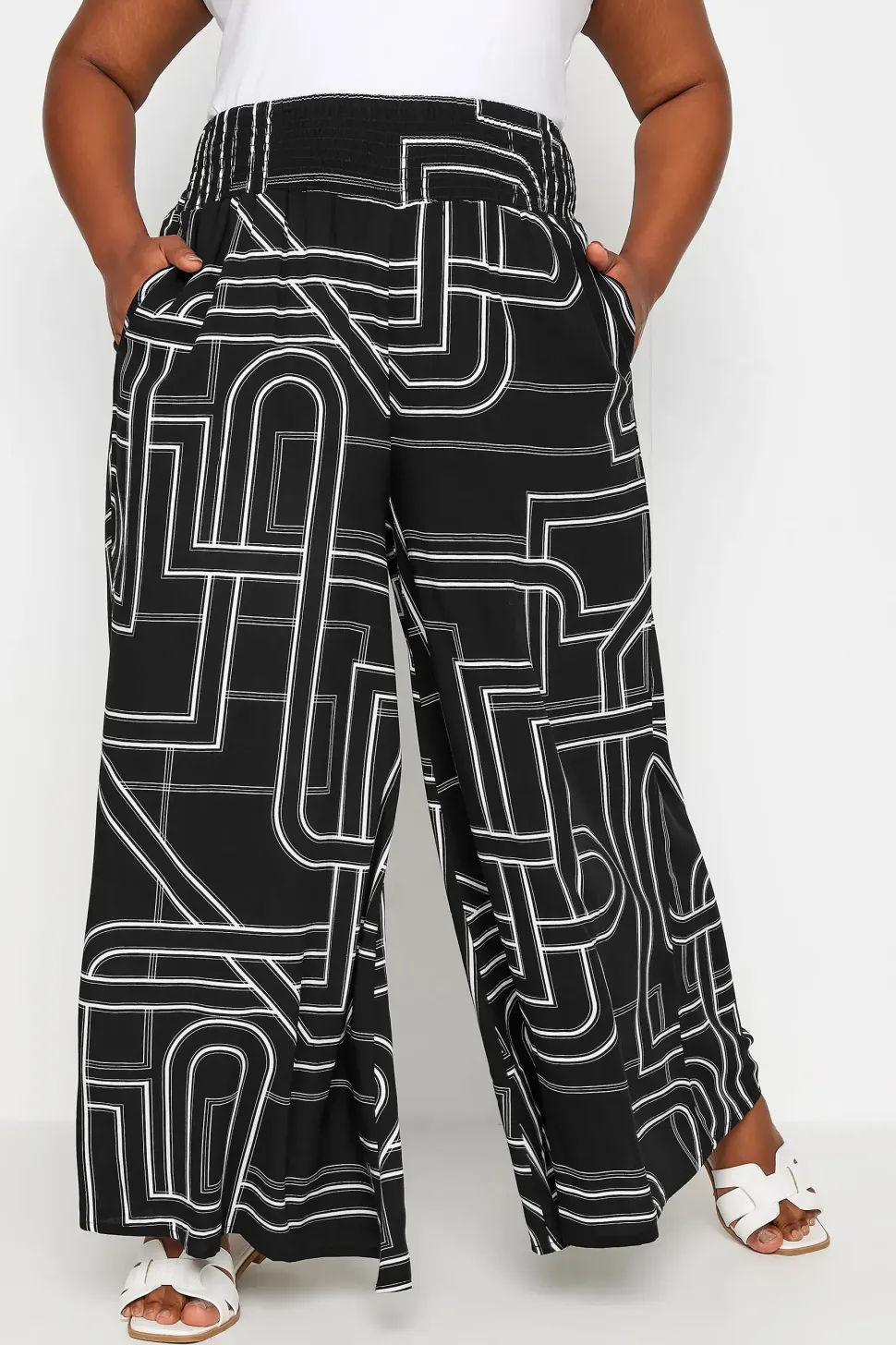 Abstract Print Shirred Wide Leg Trousers