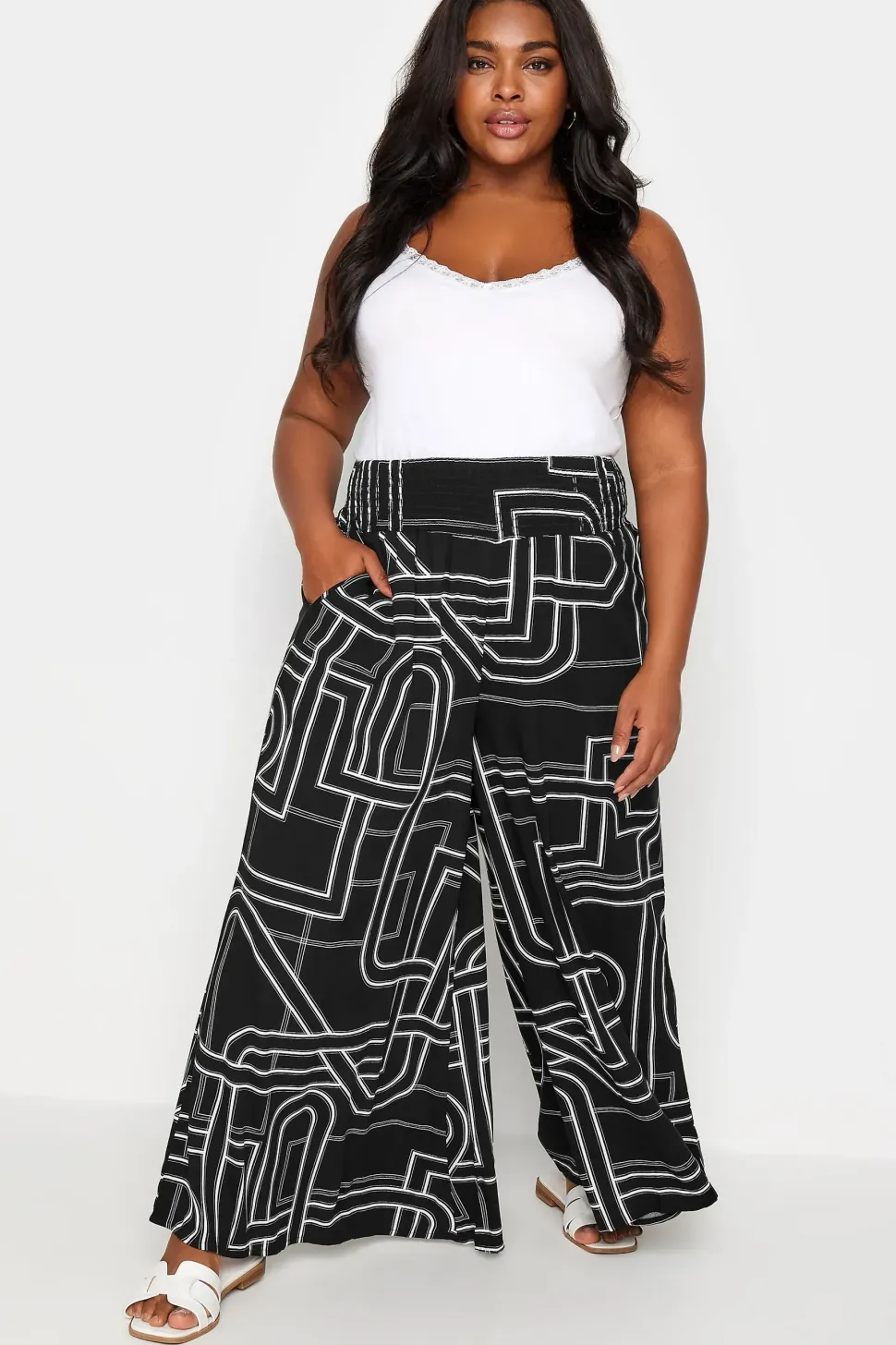 Abstract Print Shirred Wide Leg Trousers
