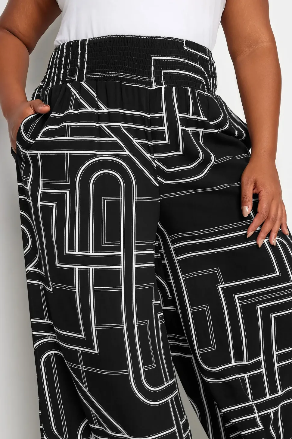Abstract Print Shirred Wide Leg Trousers