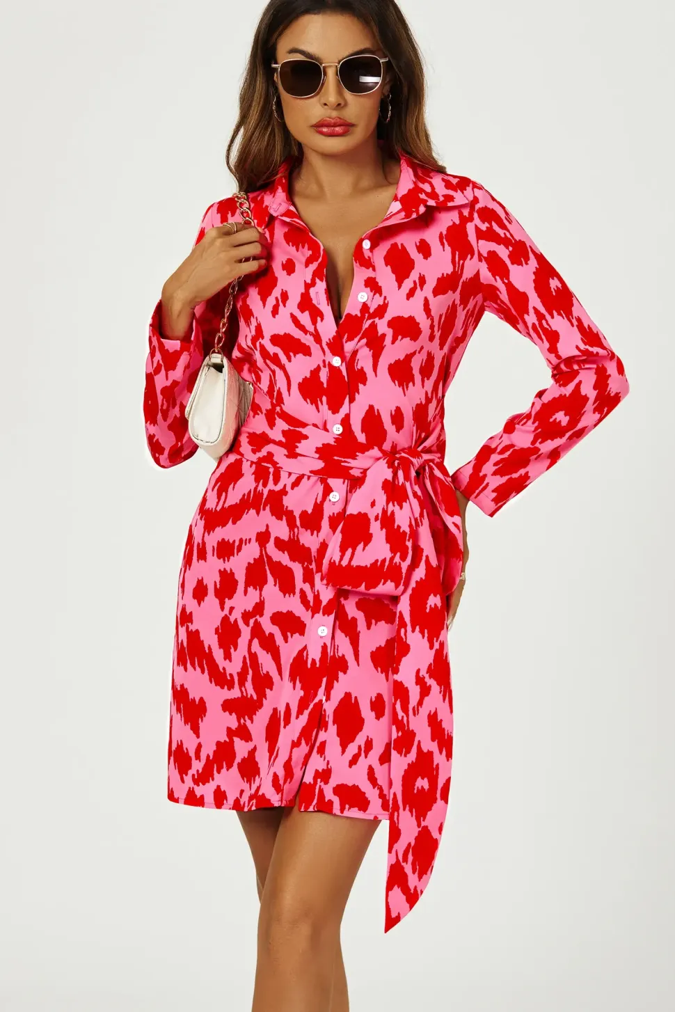 Abstract Print Shirt Mini Wrap Dress In Pink
