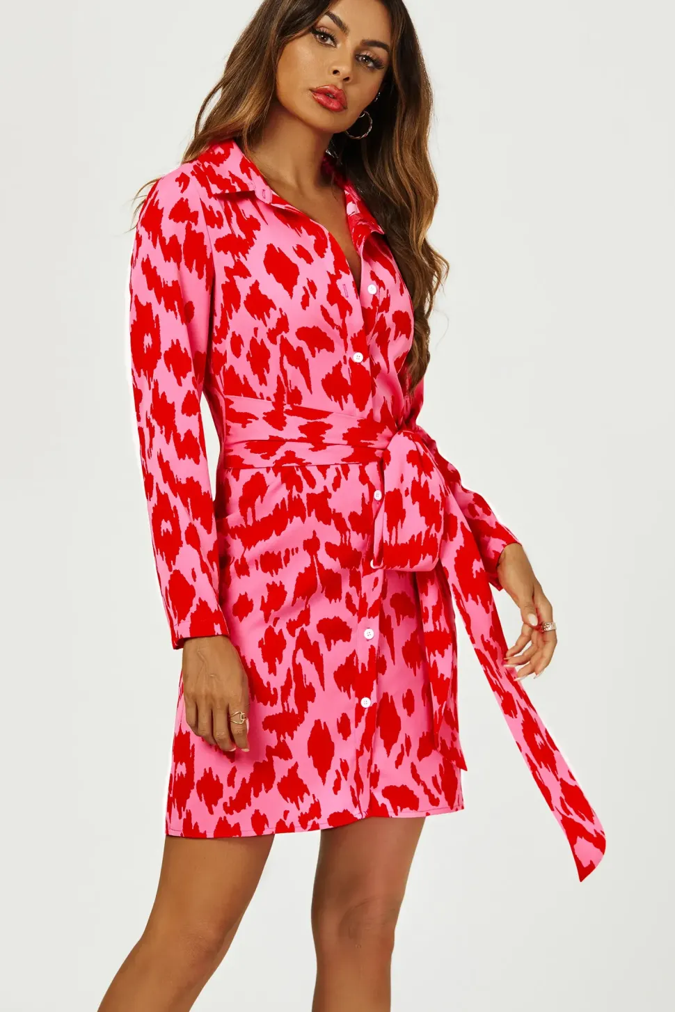 Abstract Print Shirt Mini Wrap Dress In Pink