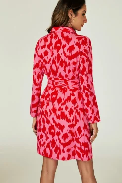 Abstract Print Shirt Mini Wrap Dress In Pink