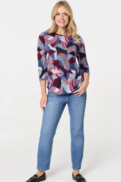 Abstract Print 3/4 Sleeve Curve Hem Top