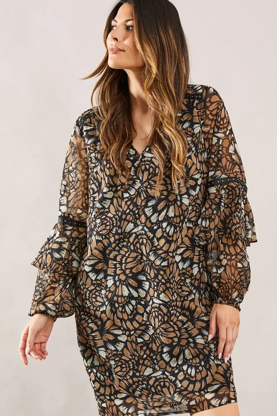 Abstract Print Sleeve Detail Shift Dress