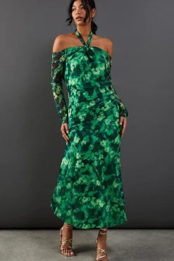 Abstract Print Twist Mesh Midi Dress