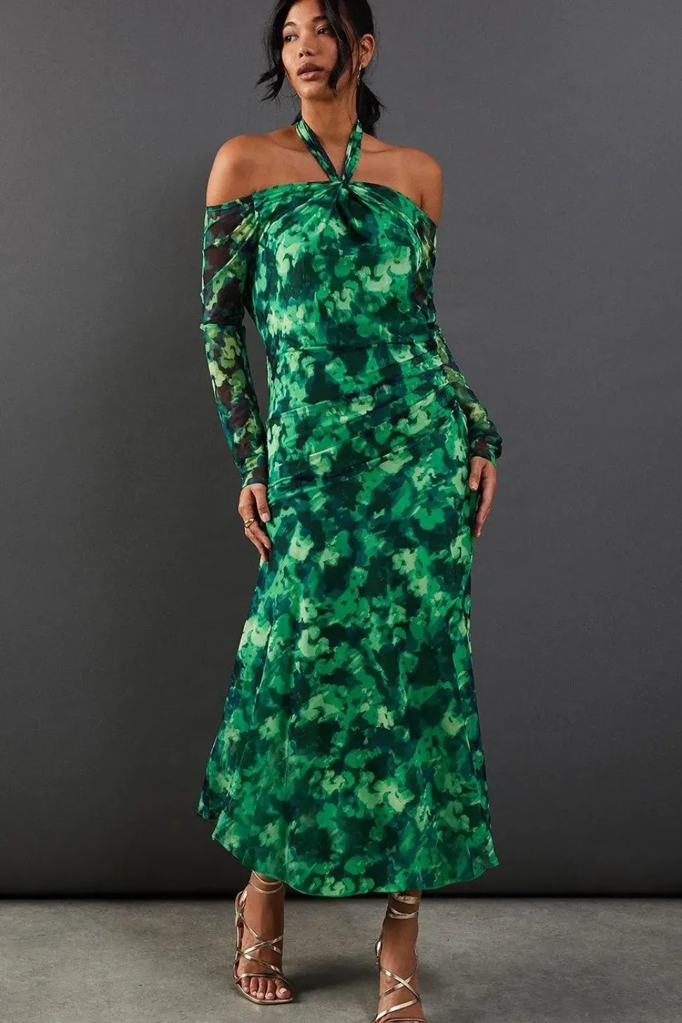 Abstract Print Twist Mesh Midi Dress