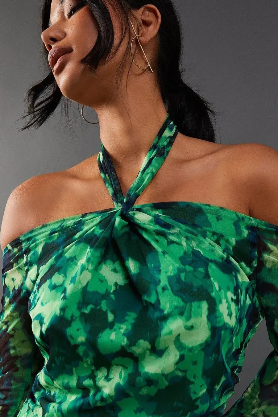 Abstract Print Twist Mesh Midi Dress