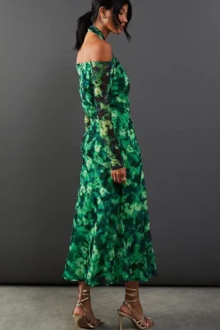 Abstract Print Twist Mesh Midi Dress