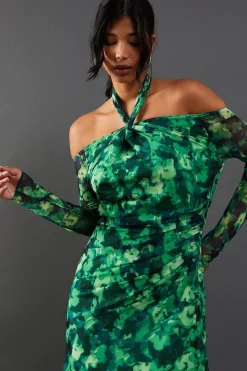 Abstract Print Twist Mesh Midi Dress