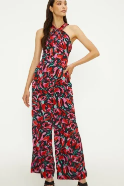 Abstract Print Twist Neck Lined Jumpsuit