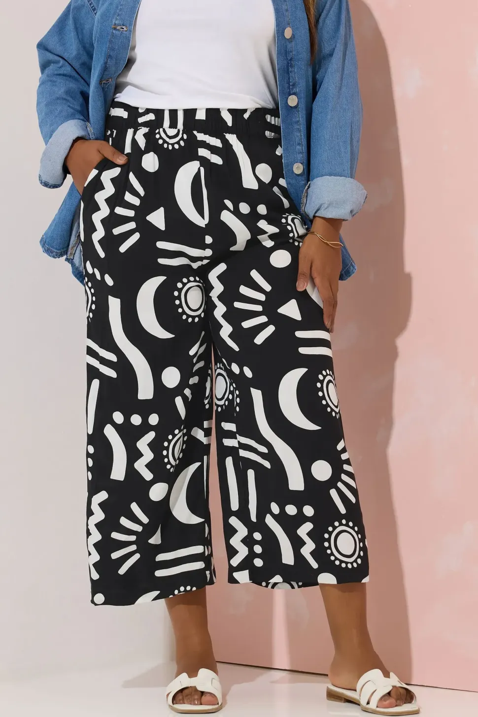 Abstract Print Wide Leg Cropped Trousers