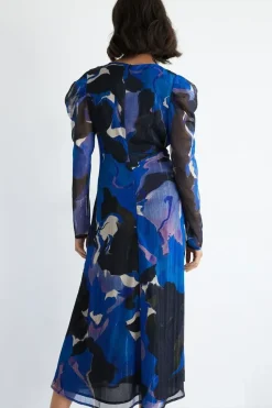 Abstract Ruched Front V Neck Midi Dress