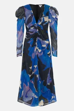 Abstract Ruched Front V Neck Midi Dress