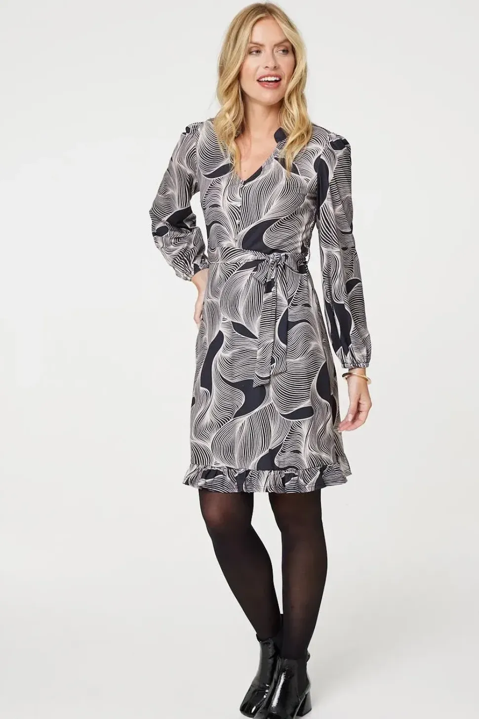 Abstract Ruffled Tie Waist Knee Length Dress