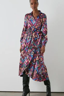 Abstract Satin Collared Wrap Dress