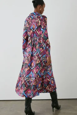 Abstract Satin Collared Wrap Dress