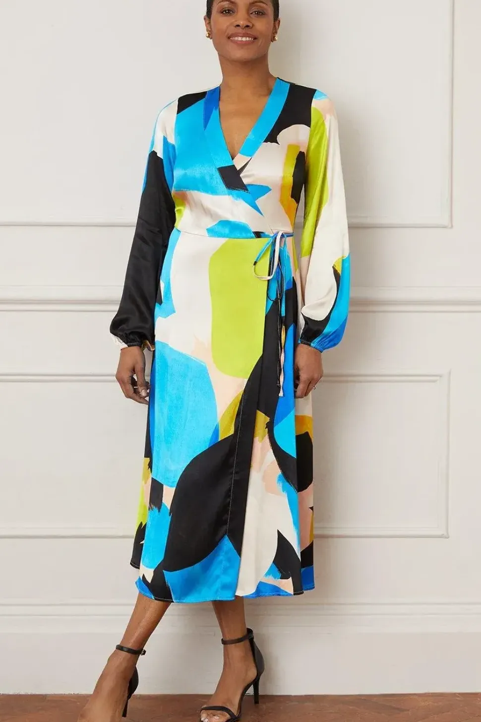 Abstract Satin Wrap Midi Dress