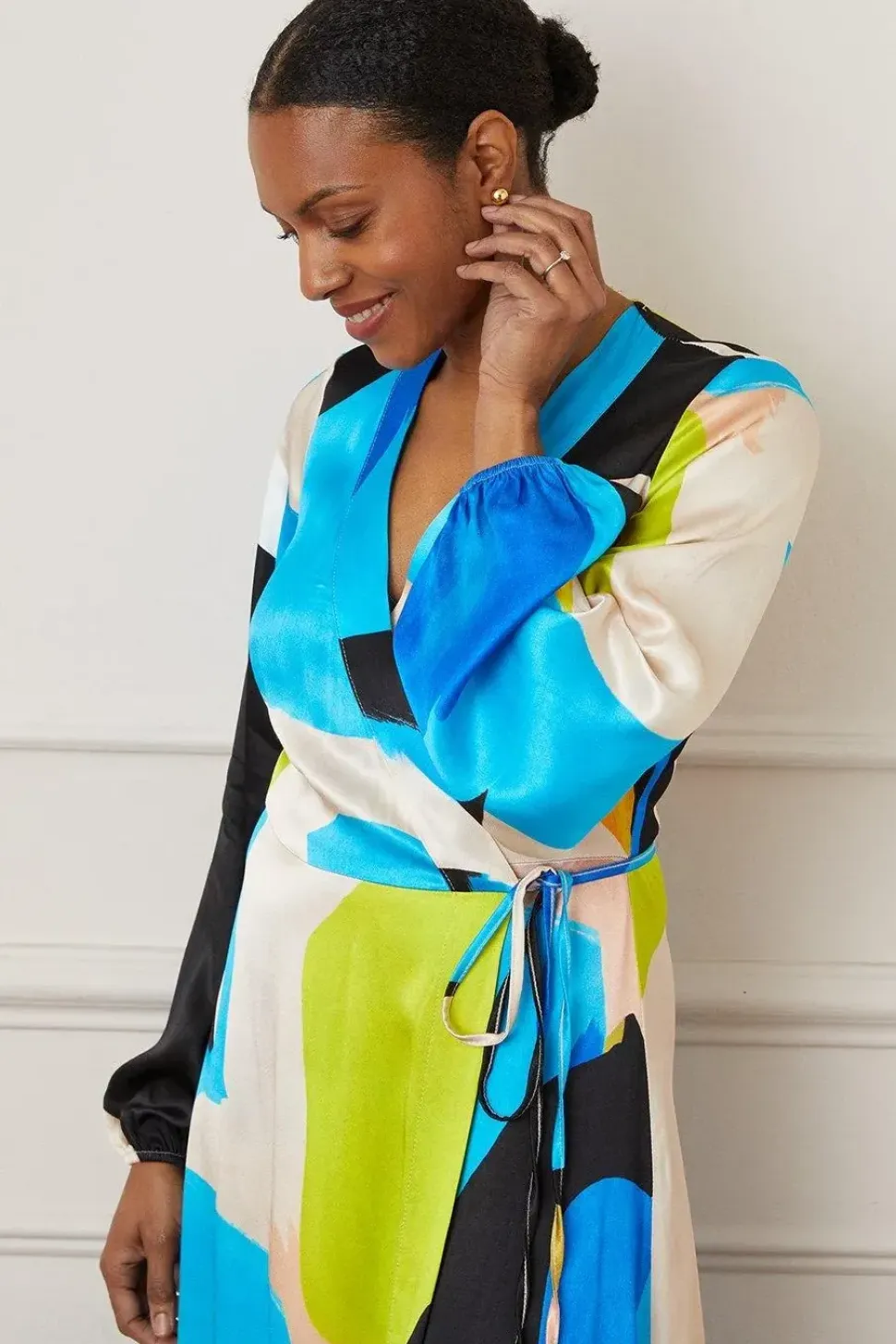 Abstract Satin Wrap Midi Dress