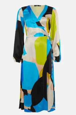 Abstract Satin Wrap Midi Dress
