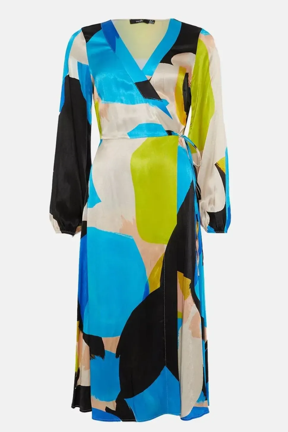 Abstract Satin Wrap Midi Dress