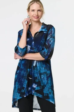 Abstract Sheer Curve Hem Longline Shirt