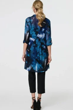 Abstract Sheer Curve Hem Longline Shirt