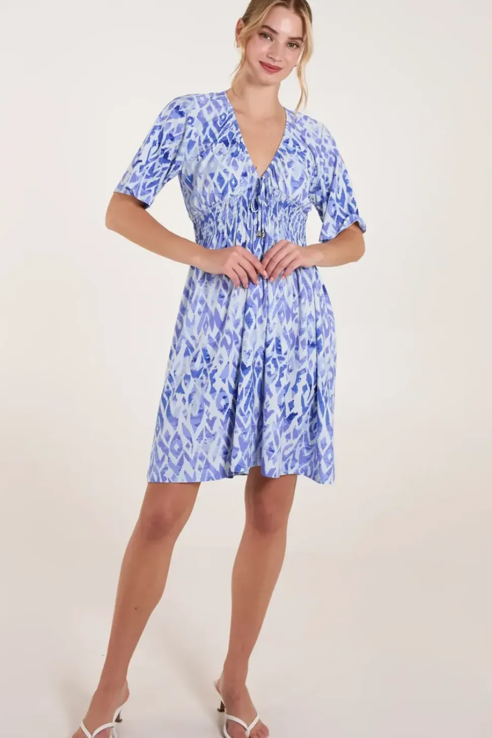 Abstract Shirred Waist V Neck Dress