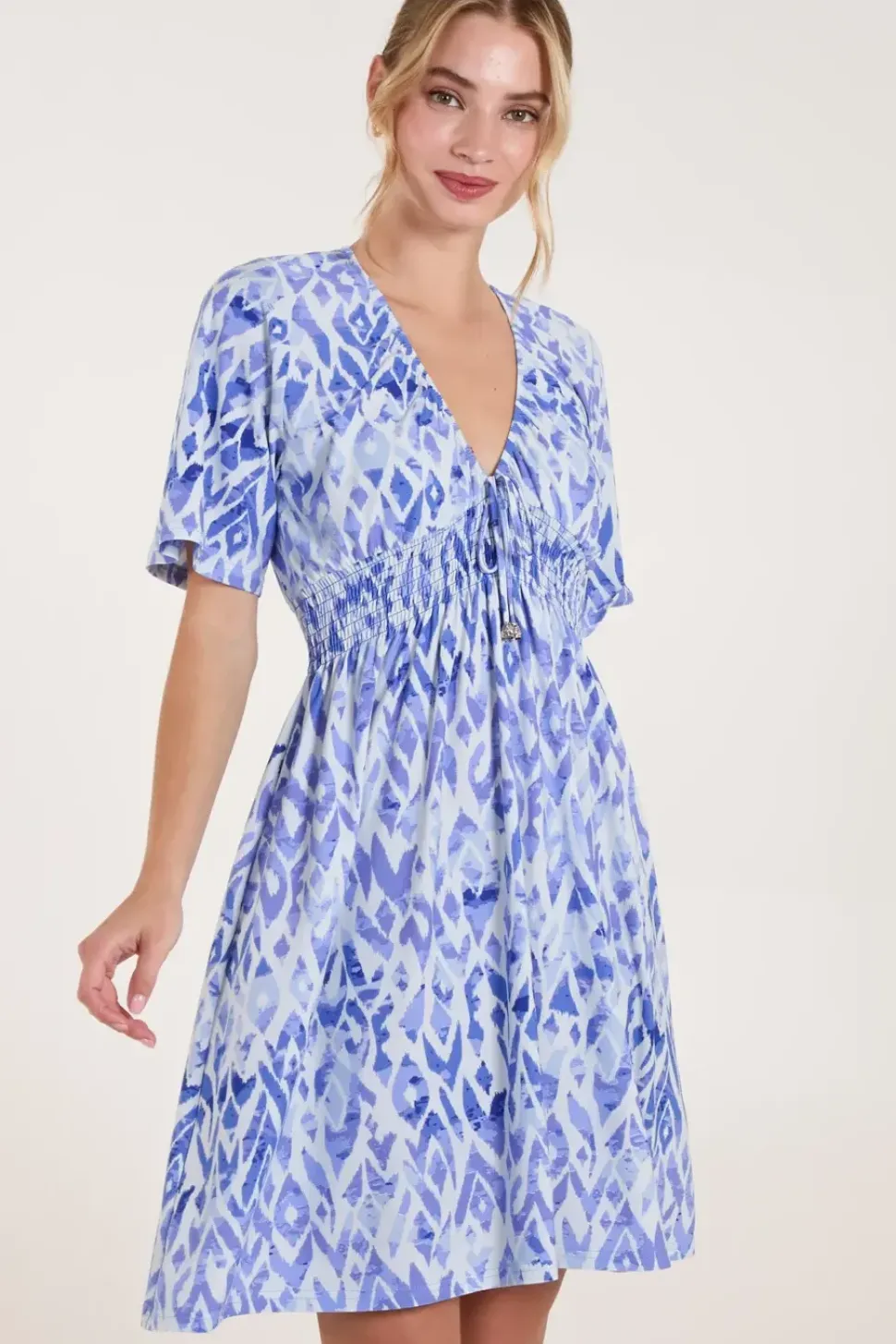 Abstract Shirred Waist V Neck Dress