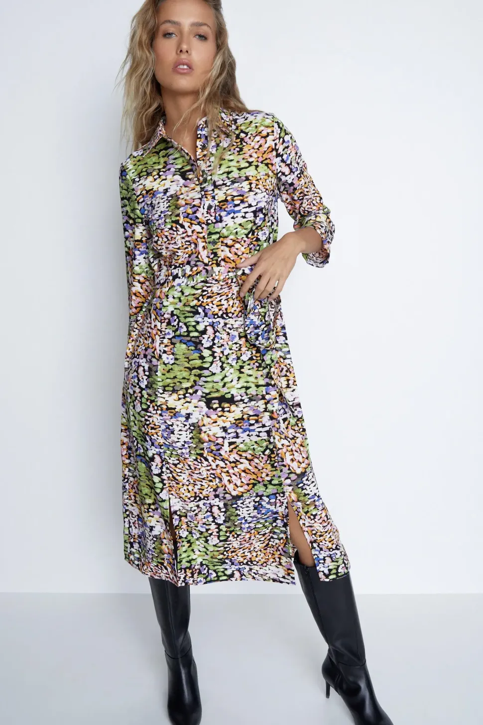 Abstract Smudge Roll Sleeve Shirt Dress